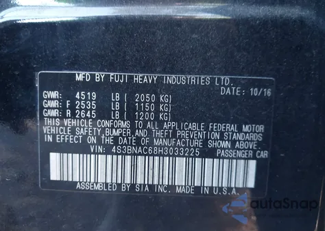 2017 Subaru Legacy 2.5I Premium from USA, damaged, VIN 4S3BNAC68H3033225